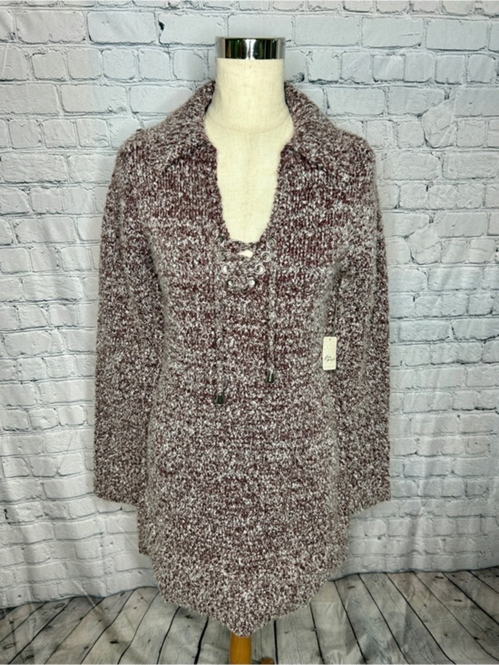 Free People Milena Mini Sweater Dress L Chocolate Grape Lace Up NWT $168